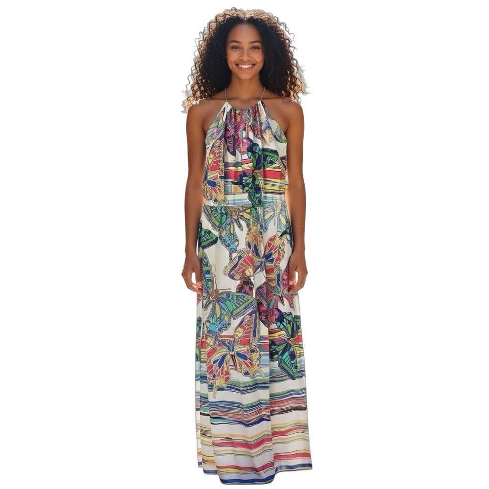 Amanda Uprichard Silk Floral Maxi Dress Butterfly Colorful Wedding Guest